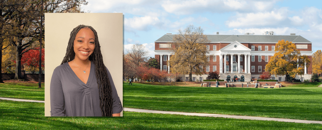 Headshot of Jasmine Gilmore in front of McKeldin Library