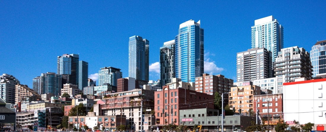 The city skyline of boston on a clear sunny day.