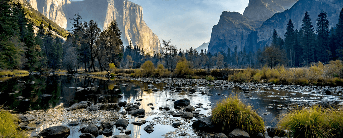 A pond with rocks in the foreground reflects a cliff face and surrounding greenery in Yosemite Valley.
