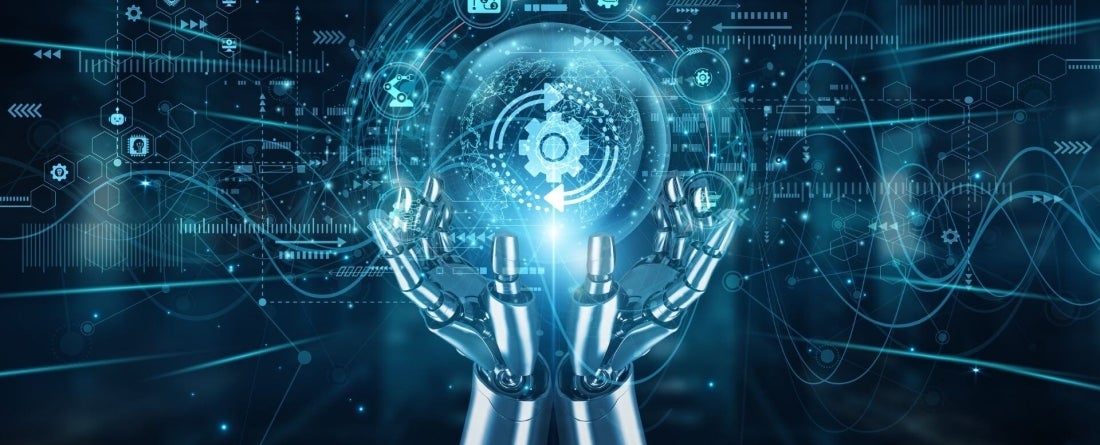 robot hands holding AI globe