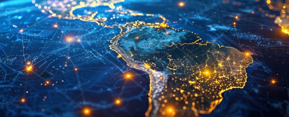 View of Earth from space with lights focused on Latin America